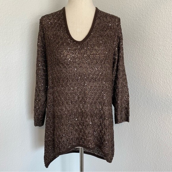 Nicole Alexander Sequin V Neck Lightweight Basket Weave Knit Sweater Brown SZ XL - Picture 1 of 7